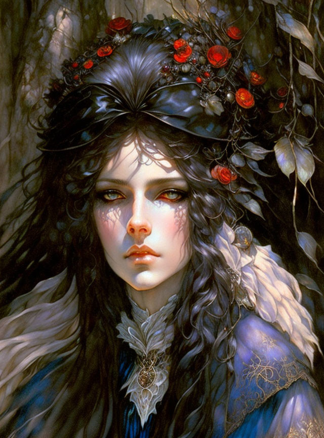 Fantasy painting of person with piercing eyes, red flower and feather crown, dark wavy hair