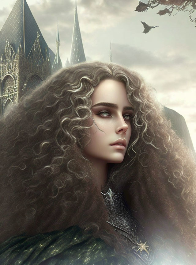 Portrait of woman with curly hair in gothic castle setting