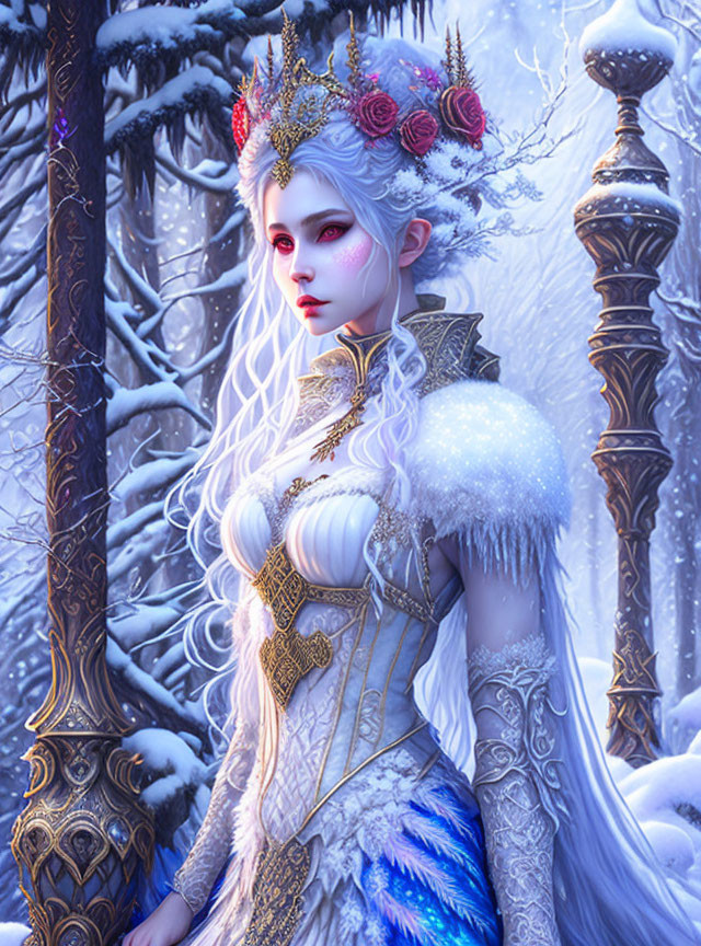 Pale-skinned figure in snow-themed gown with white hair and roses in wintery forest