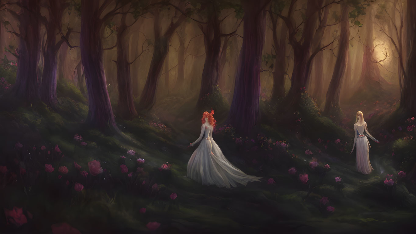 Two women in white dresses in mystical forest with purple trees and warm glowing light.