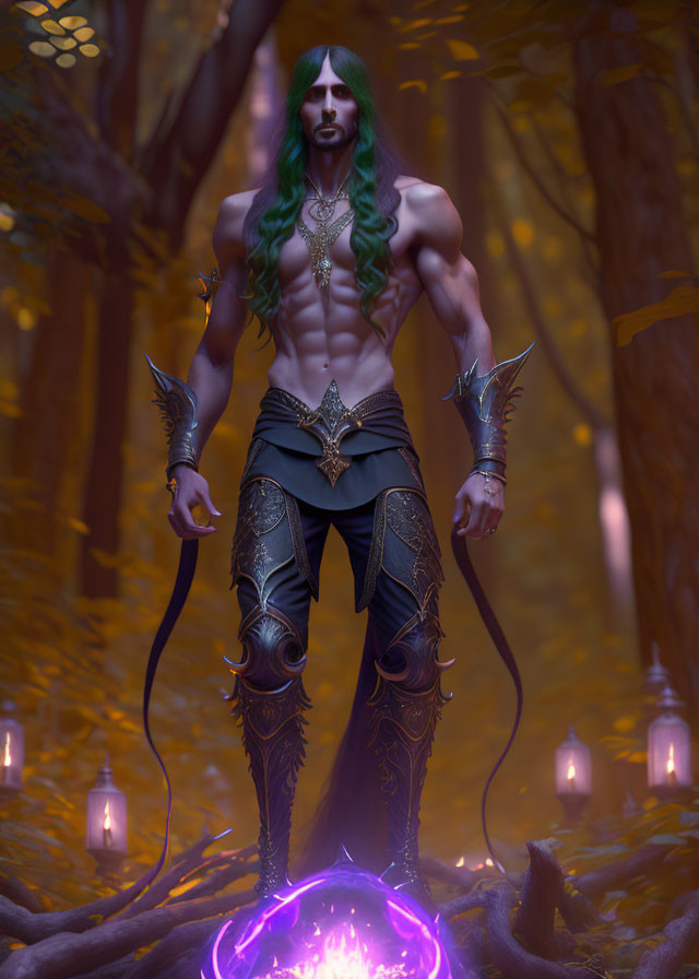 Fantasy character with green hair and tattoos in enchanted forest with purple orb