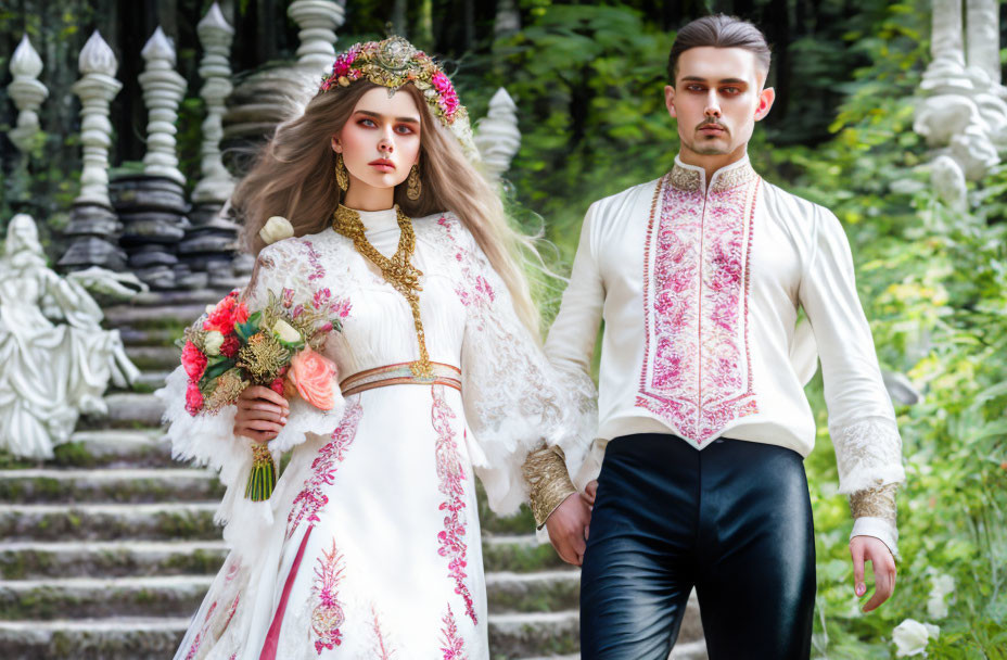 Couple in White and Red Traditional Attire on Forest Staircase