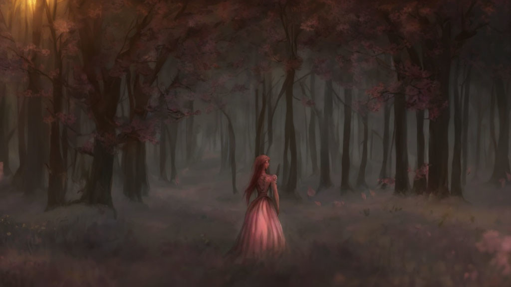 Woman in Long Dress in Misty Forest with Pink Blossoming Trees