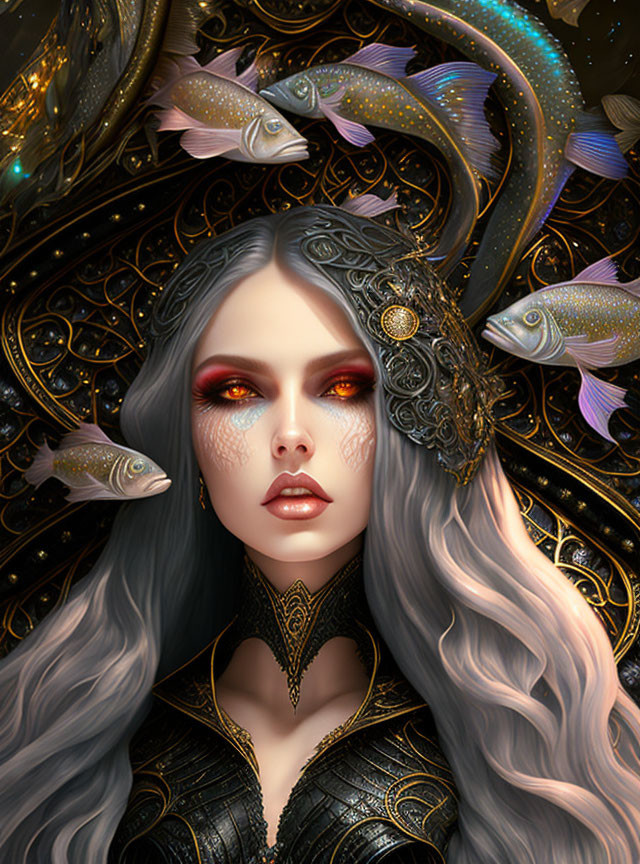 Fantastical portrait of woman with silver hair, golden headpiece, fish, black and gold attire