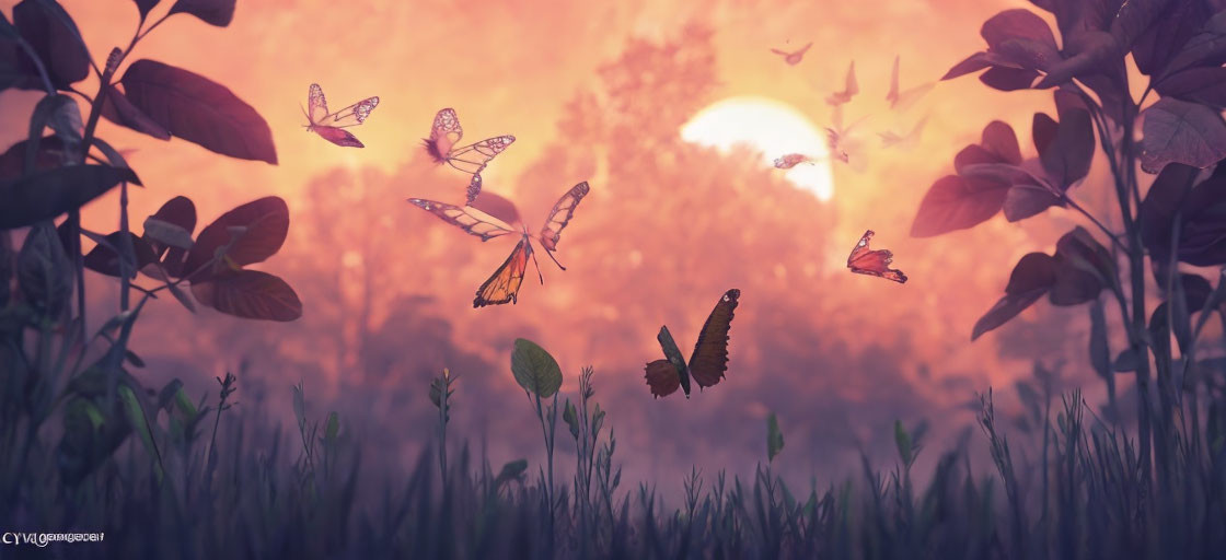 Colorful butterflies over grass under warm sunset.