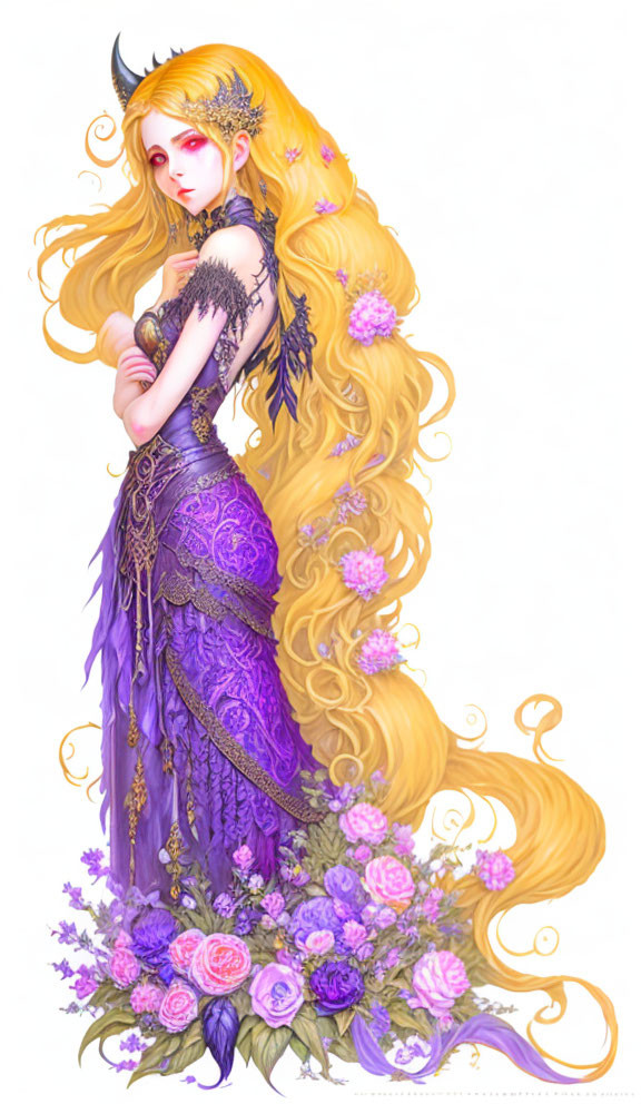 Illustrated female figure with long blonde hair in floral gown