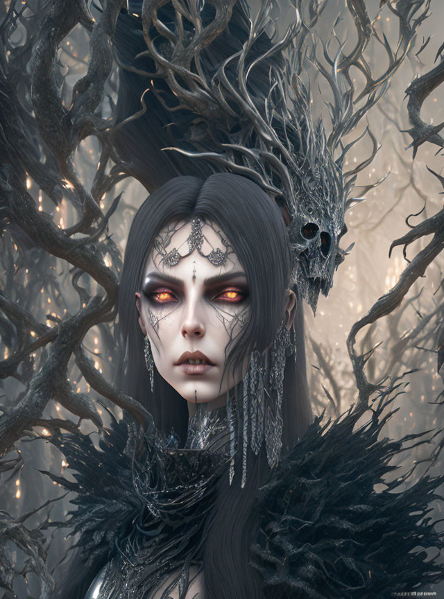 Mystical woman with black lace makeup in dark forest