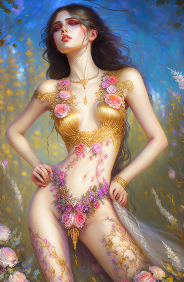 Vibrant painting of woman with gold and floral body art