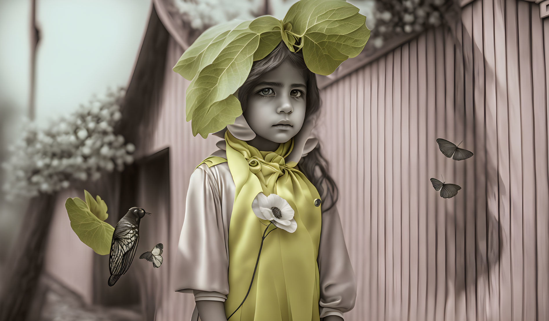 Young girl in yellow coat with leaf hat near fence with butterflies and bird