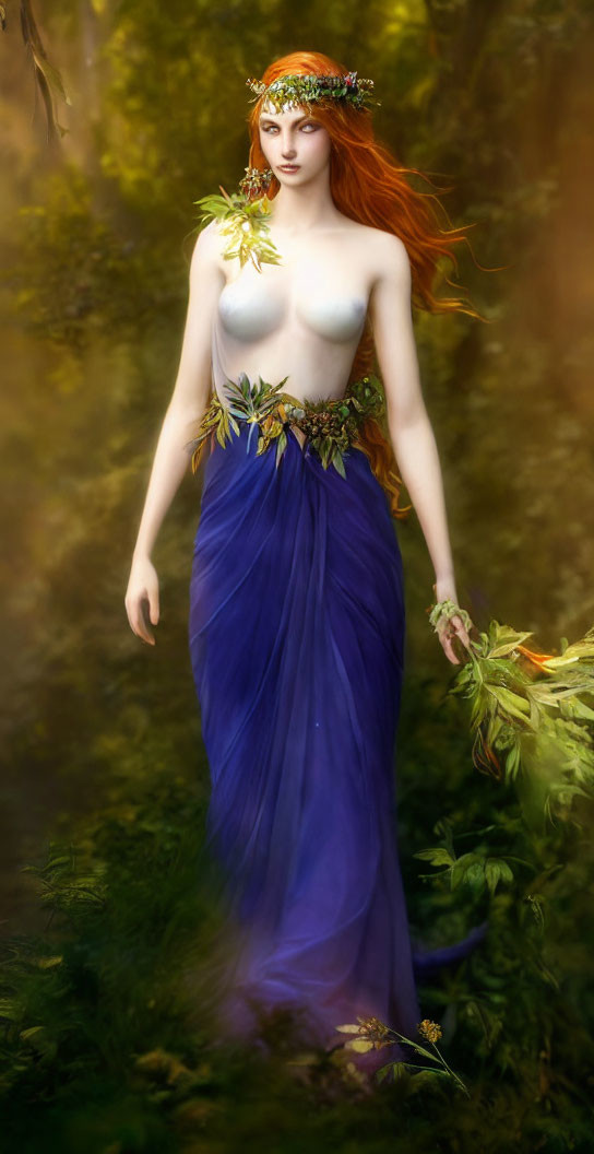 Fantasy forest nymph with red hair in leafy crown and purple gown.