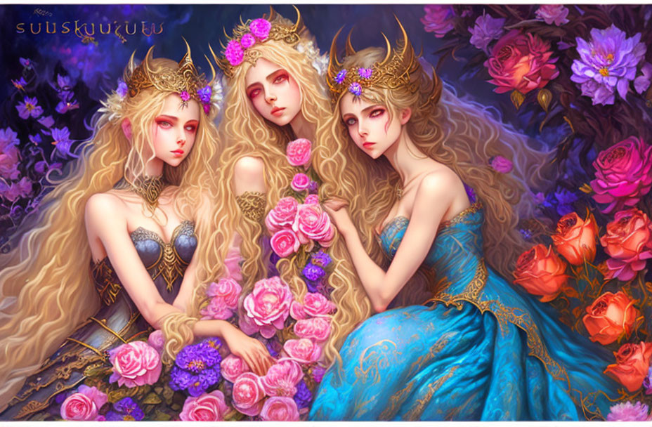 Ethereal women with golden hair and floral crowns in blue gowns among vibrant flowers