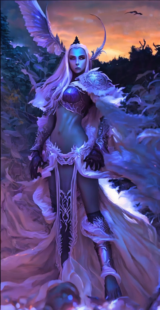 Regal character in ornate armor with white hair in twilight forest.