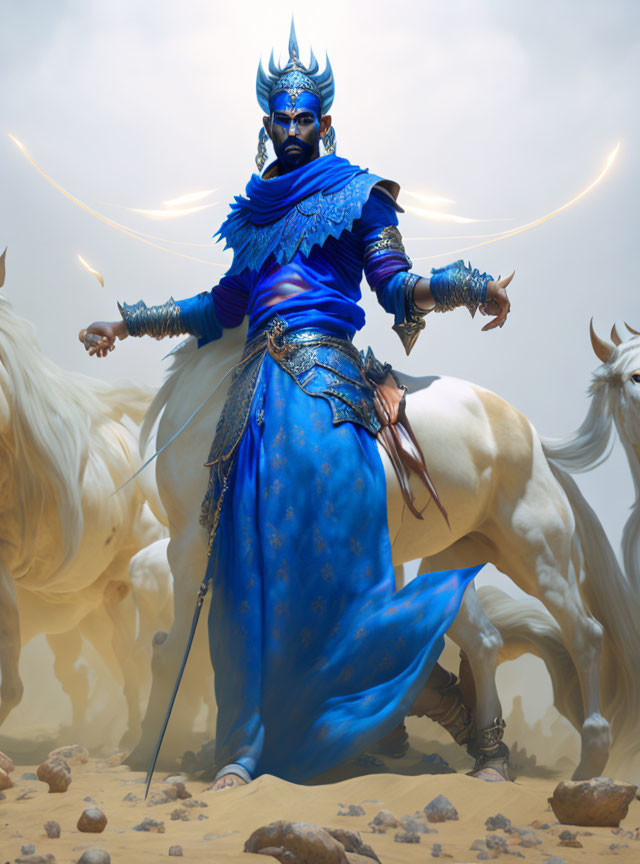 Majestic figure in blue armor on white horse with golden crown in mystical desert scene