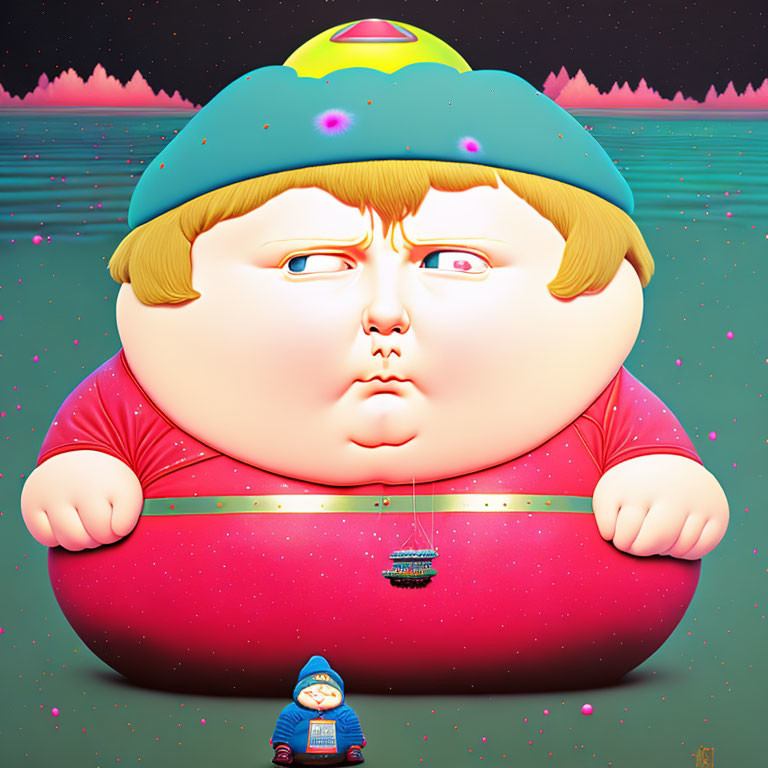 Large round-faced character in red shirt and green hat in surreal digital artwork.