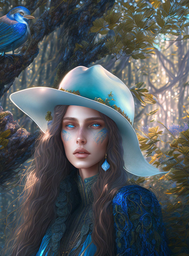 Woman with blue facial designs and teal hat next to vibrant bird in mystical forest