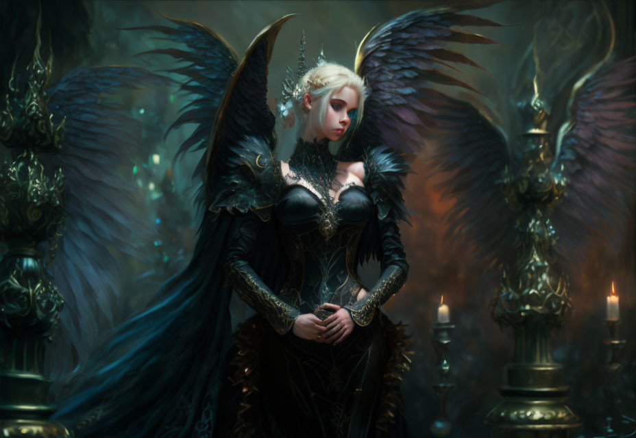 Ethereal woman in dark armor with angelic wings amid candlelight