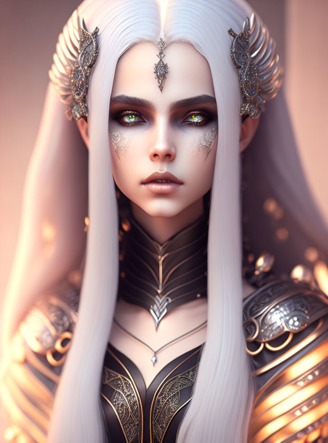 Fantasy character with pale skin, green eyes, white hair, silver armor & facial markings