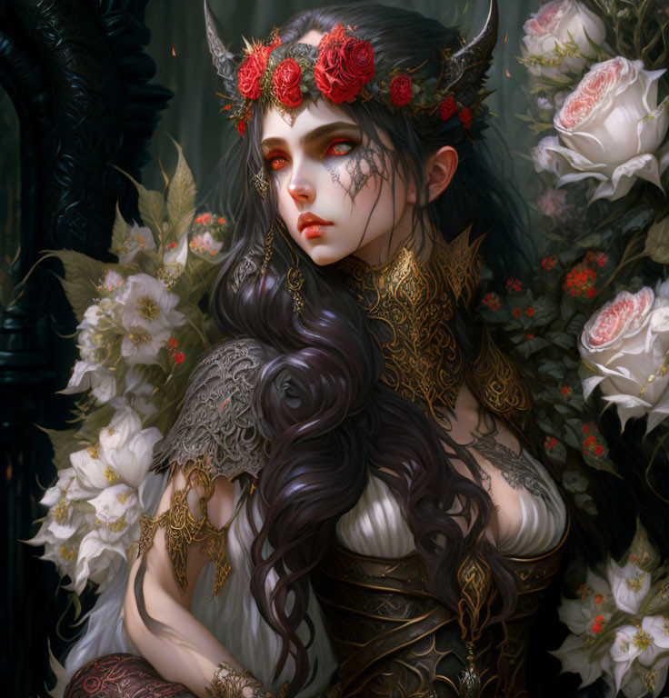 Elf woman portrait with red floral crown and gold jewelry in fantasy setting