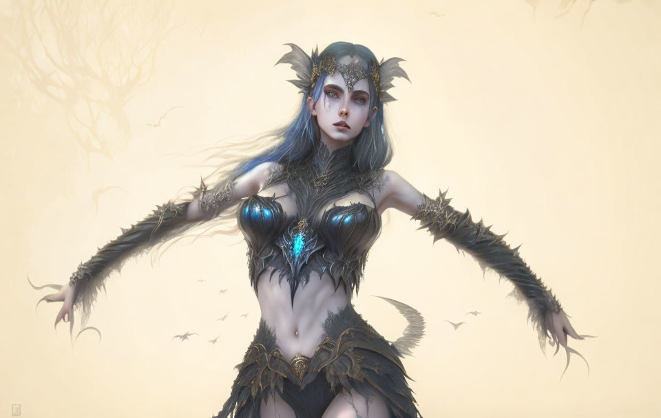 Fantasy female character with pale skin and bird-like armor elements in glowing blue detail.