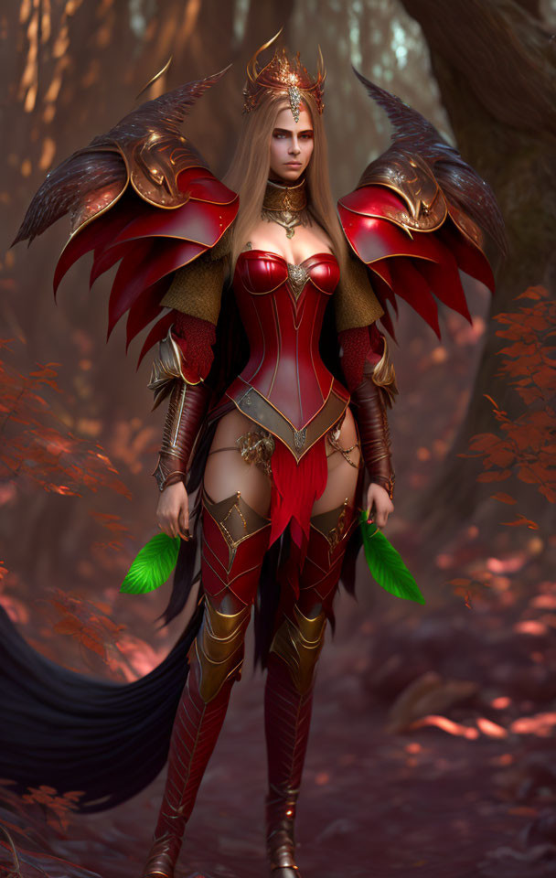 Fantasy digital art: Woman in red and gold armor in autumn forest