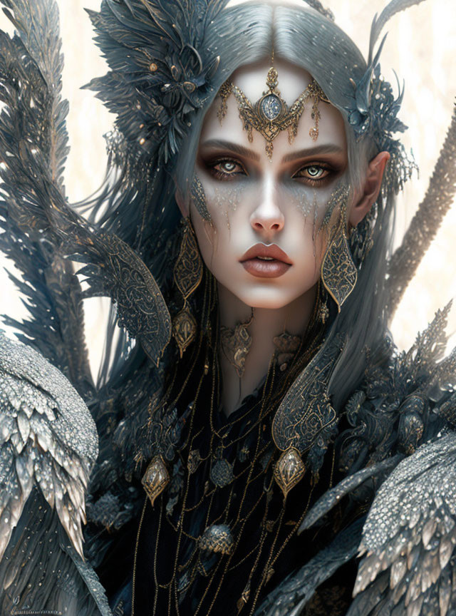 Pale-skinned figure with gray eyes, headpiece, jewelry, and black feathered wings