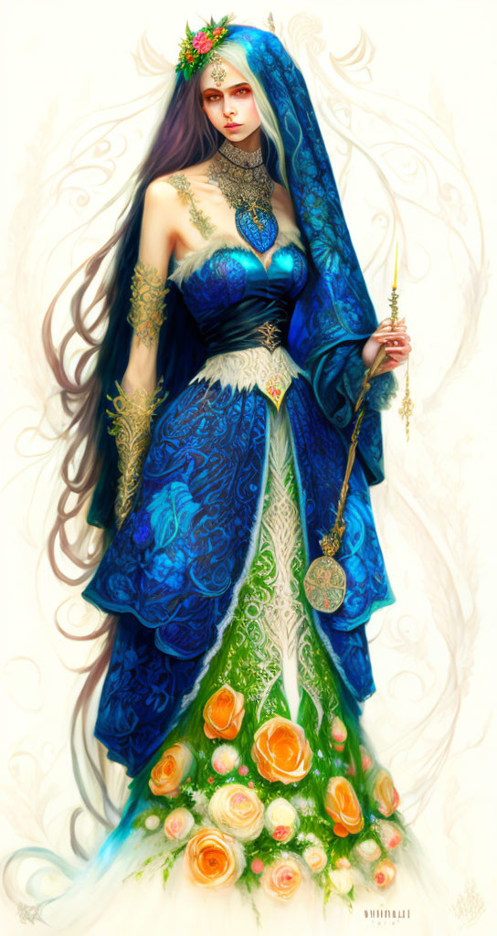 Ethereal woman in blue and green dress with floral patterns and roses, holding a scepter