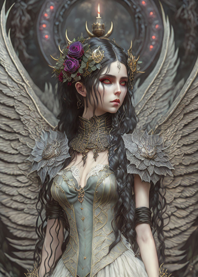 Gothic angel with white wings, red eyes, floral crown, corset, clock backdrop