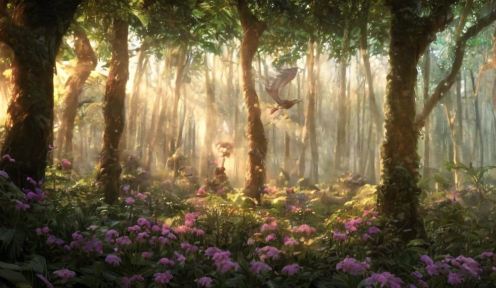 Forest scene with sunlight, pink flowers, and mysterious figure hanging from tree branch