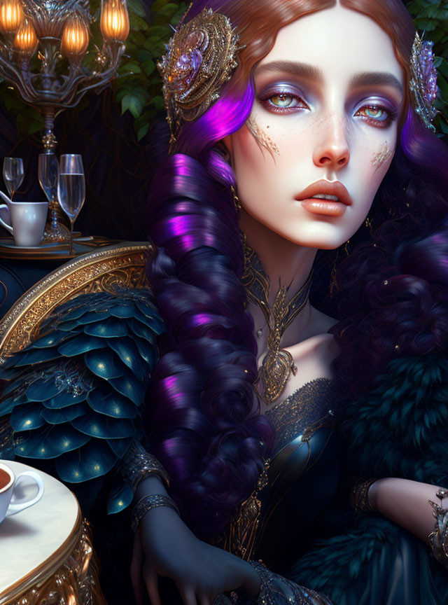 Fantasy-themed portrait of a woman with purple braid and luminescent makeup.