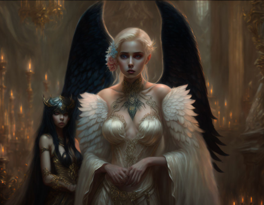 Fantasy Artwork: Dark-Haired Woman with Horns, Blonde Woman with Wings in Opulent