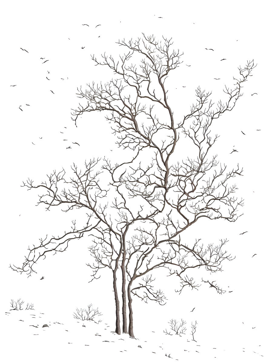 Monochrome pencil sketch of leafless tree in snowy landscape