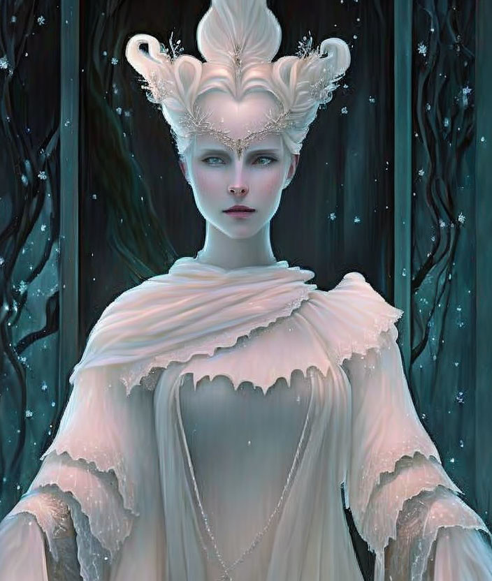 Ethereal woman in white headpiece and dress against snowy forest