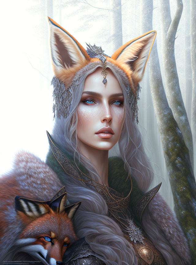 Woman with Fox Ears and Blue Eyes in Misty Forest with Fox