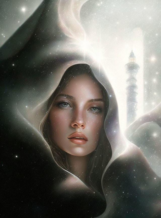 Woman's face in cosmic backdrop with stars and mysterious tower.