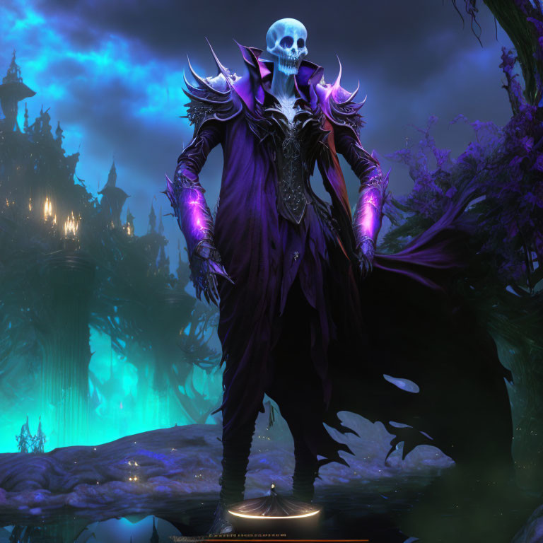 Skull-faced fantasy figure in dark robe with glowing gauntlets in swampy terrain