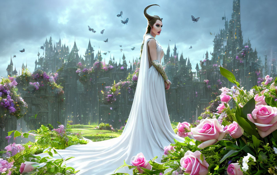 Regal woman with horns in elegant white gown among blooming roses.