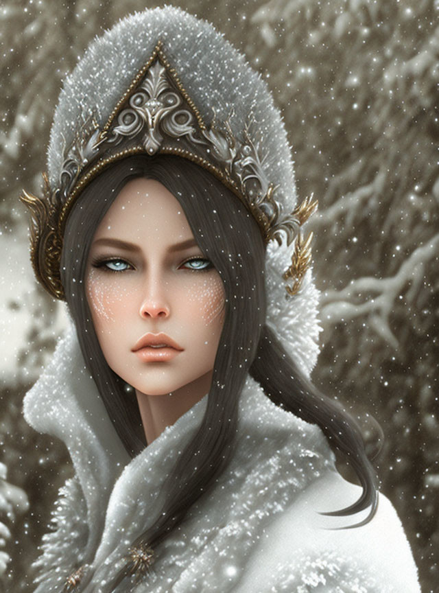 Digital artwork: Woman with blue eyes, dark hair, ornate headdress, white cloak in snowy