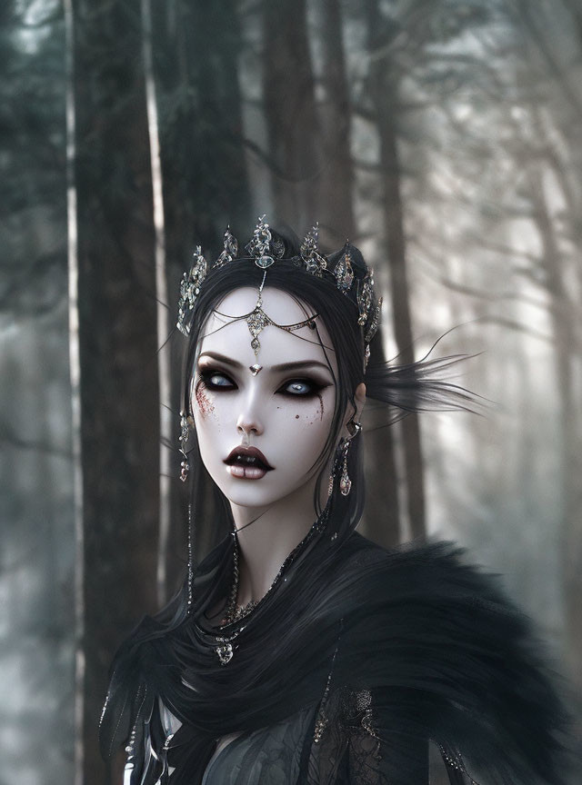 Gothic fantasy character with pale skin and red eyes in misty forest