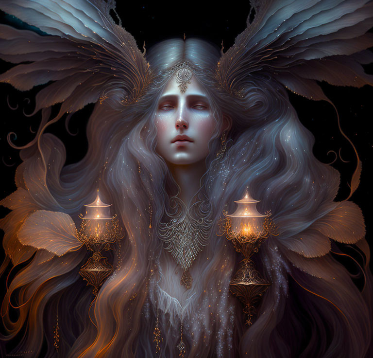 Ethereal figure with silver headpiece, flowing hair, gray wings, and glowing lanterns on