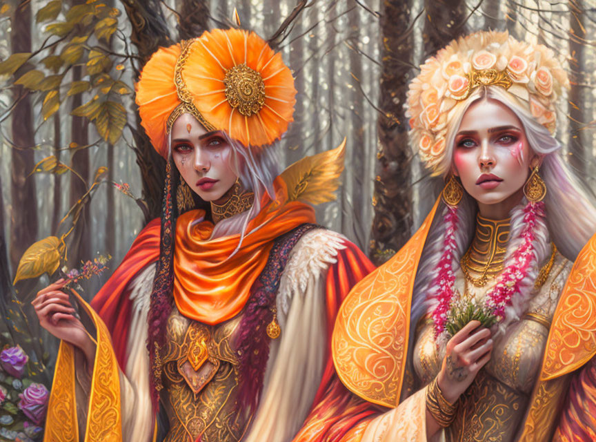 Ethereal women in traditional attire in mystical forest