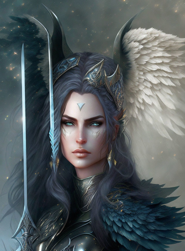 Dark-haired female warrior with winged helmet, sword, mystical markings, and white feathered wing.