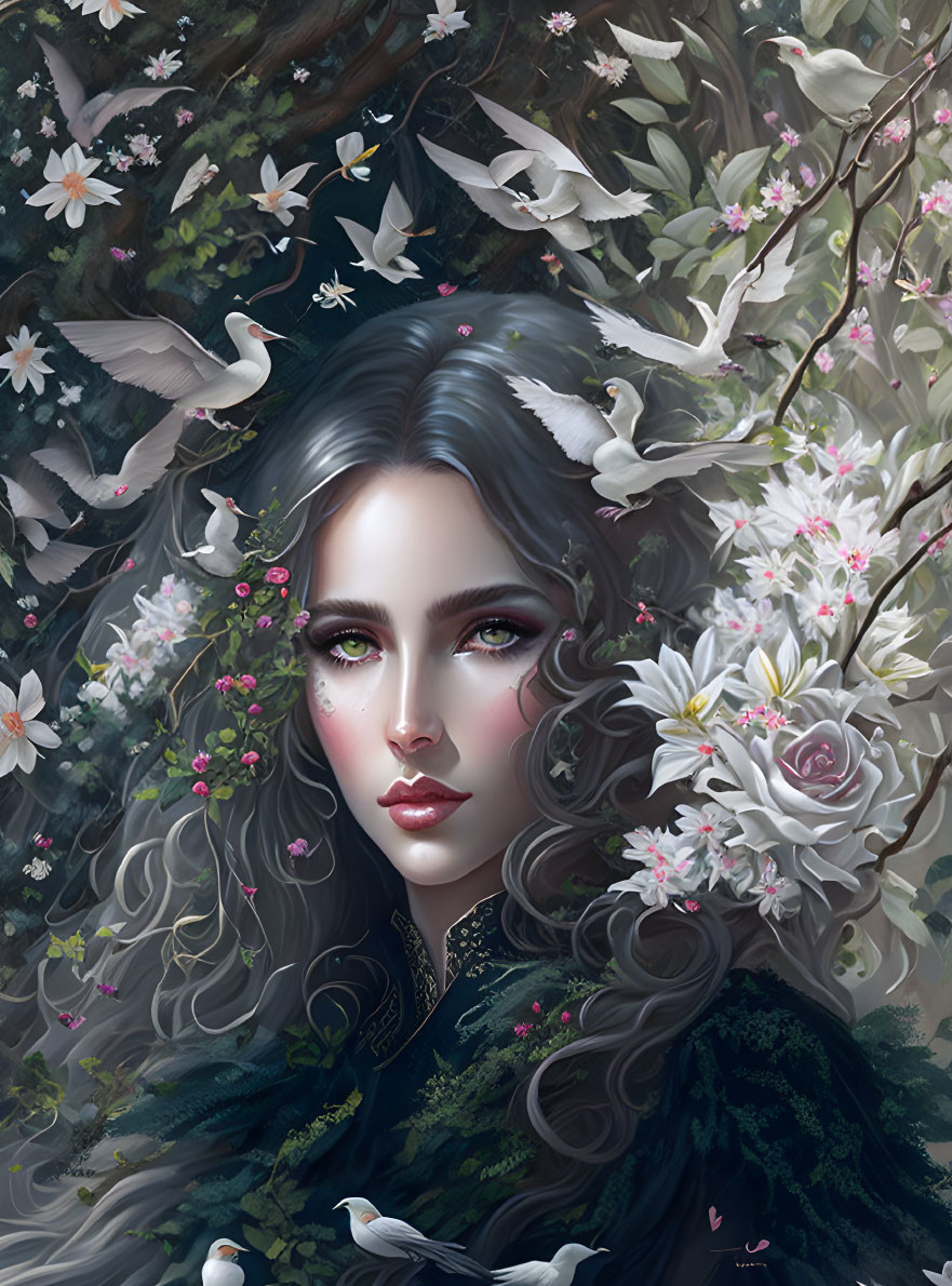 Mystical digital artwork: Woman with dark hair, doves, and lush flora