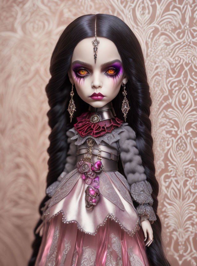 Gothic-style doll with purple eyes and Victorian attire