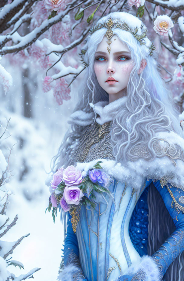 Fantasy character with pale skin, white hair, blue eyes in snow scene wearing blue and white gown