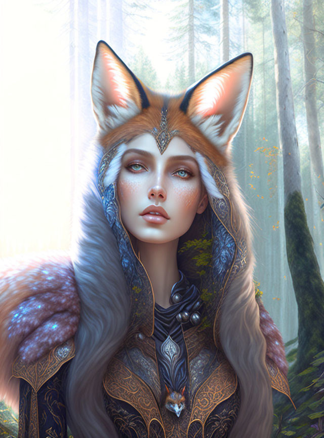 Fantasy illustration of woman with fox-like features in misty forest