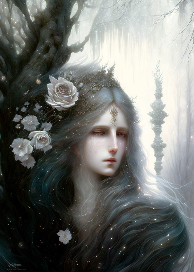 Ethereal figure with dark hair and flower crown in misty woods