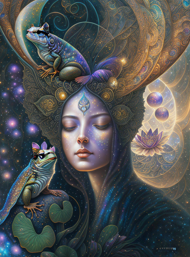 Fantastical illustration of serene woman with cosmic and floral motifs