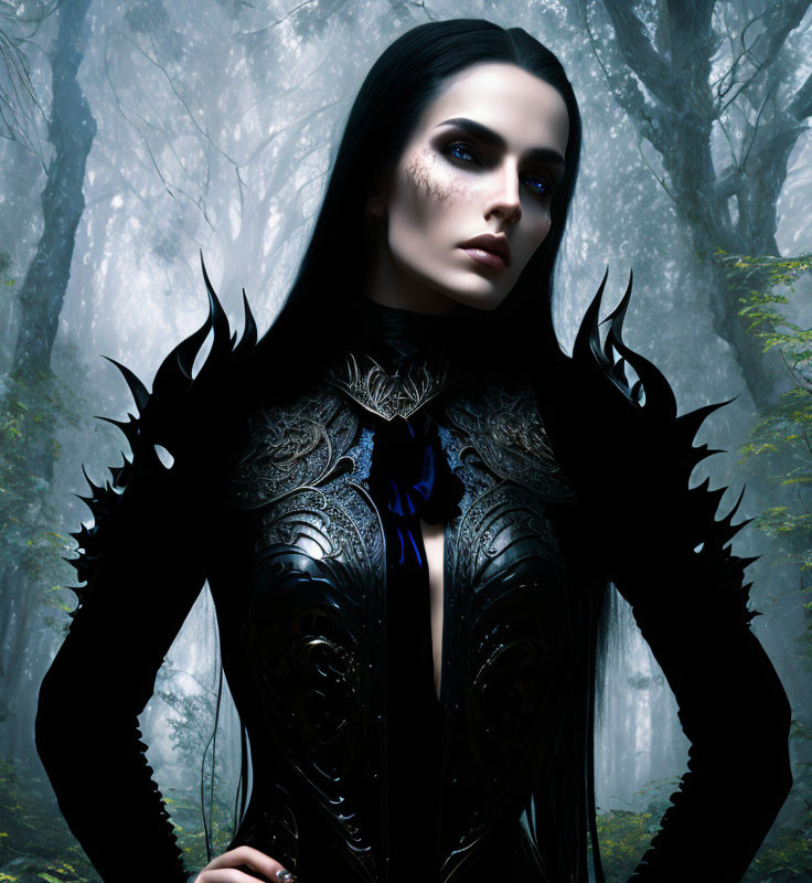 Dark-haired woman in black armor with blue accent in misty forest