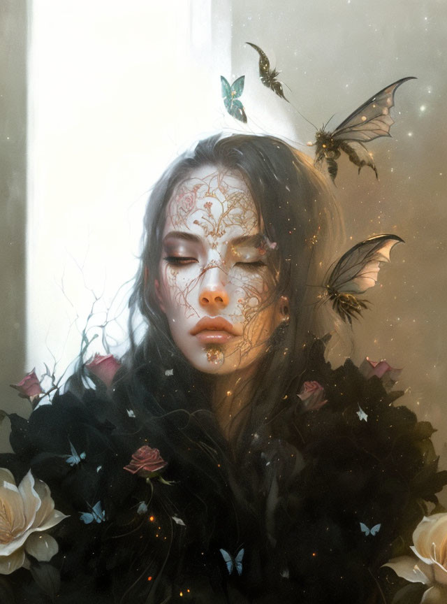 Person with closed eyes, delicate face paint, butterflies, and roses portrait.