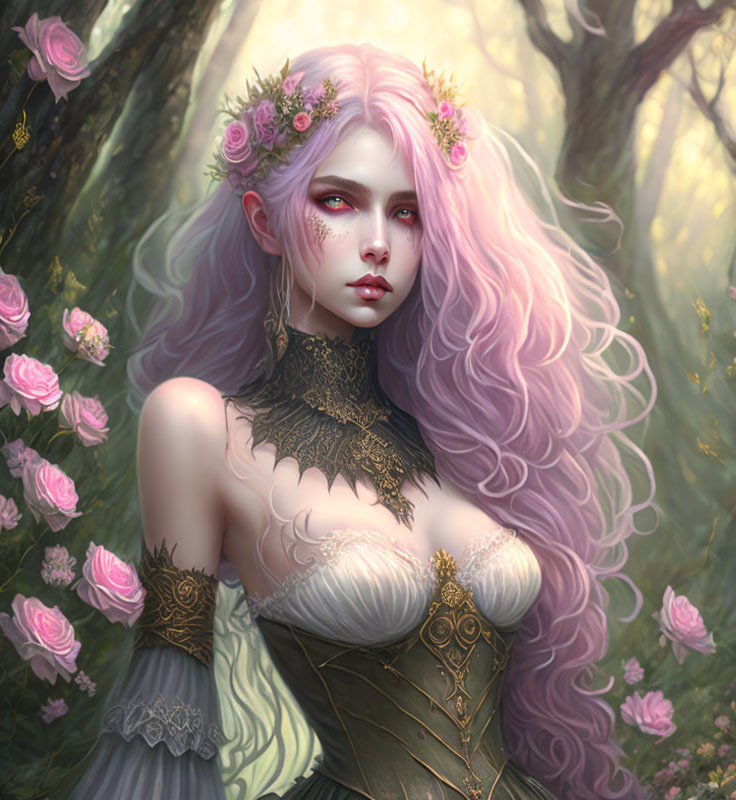 Fantasy illustration of woman with pastel pink hair in enchanted forest